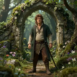 beautiful art portrait of a hobbit in a dark mystical fantasy ruin surrounded by lush spring time forest, masterpiece, trending on artstation, unreal 5, daz, hyperrealistic, octane render, dungeons and dragons, dynamic lighting