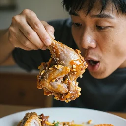 A human eating chicken that's not cooked