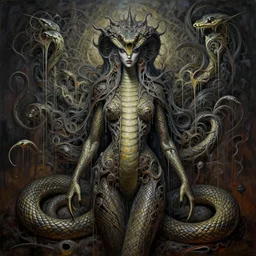 an hiper intricate oil portrait of a snake godess, drip painting, excelent composition, wide shot, by zdzislaw beksinski, intricate, horror atmosphere, unreal engine 5 highly rendered, global illumination