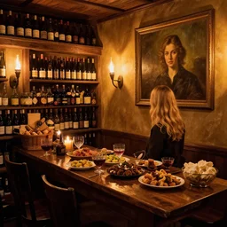 wine cellar full of food, torches on the wall, schnapps, romantic, inviting, cozy, blonde woman, painting Vladimir Volegov