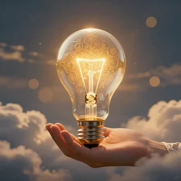 life sprouting from the insides of a lightbulb in the form of light, held in the palm of the almighty god, amongs the clouds of the heavens, tranquil, peaceful, ornate, elegant, at golden hour, bokeh, intricate digital art
