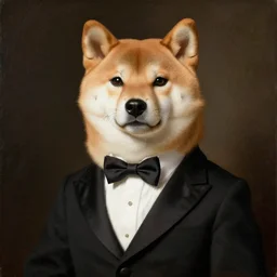 renaissance portrait painting of shiba inu in a tuxedo