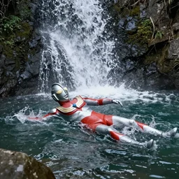 a realistic photo of an ultraman swimming in a waterfall in the mountain