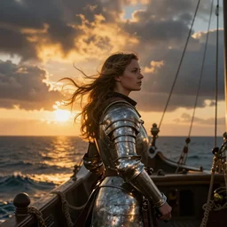 close portrait of a ship on the sea, over the shoulder on the ship is a medieval woman ship pilot from behind, dramatic golden neon sunset with wall of storm clouds, wearing shiny breastplate, dynamic lighting, hyperrealistic, hd 4 k, artstation
