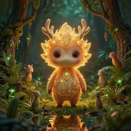 cute creature in a lush trunda vegetation, water reflection, night, backlit, warm tones, bioluminescent : : by michal karcz, daniel merriam, victo ngai and guillermo del toro : : ornate, dynamic, particulate, intricate, elegant, highly detailed, centered, artstation, smooth, sharp focus, octane render, 3 d