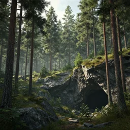 beautiful render of a forest world, unreal engine, first light, pine trees, tall firs, rocky slopes, hidden caverns, soft light, by greg rutkowski, cgsociety