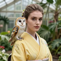 head to shoulder portrait photograph of an elegant top model wearing a yellow kimono with a very detailed barn owl on her shoulder!!! in a tropical greenhouse. looking at the camera!!. super resolution. Graflex. bokeh. by Alessio albi and  john william waterhouse and John Singer Sargent