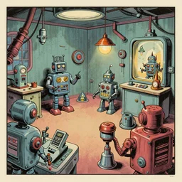 whimsical comic book page layout ( ( ( ( ( 1 9 5 0 s retro future robot lab interior. muted colors. ) ) ) ) ) by jean - baptiste monge!!!!!!!!!!!!!!!!!!!!!!!!!!!!!!