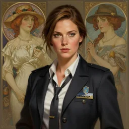 portrait of Alexandra Daddario as a detective, highly detailed, digital painting, artstation, concept art, sharp focus, illustration, art by artgerm and greg rutkowski and alphonse mucha