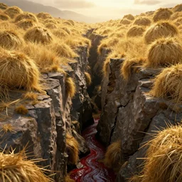 a beautiful crack in - between two mountains with golden balls of hay on top and a little creek of blood running through it, volumetric lighting, cinematic composition, 4 k render by rembrandt, unreal engine