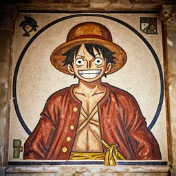 a film still of luffy, artwork roman mosaic, ancient rome, opus tesellatum.