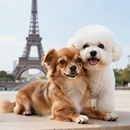 a photorealistic closeup image of a cute brown colored long haired chihuahua cocker spaniel dog laying with an adorable smiling white bichon frise dog in paris in front of the eiffel tower. brightly lit. extreme detail. 4 k hd unreal engine
