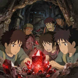 a film still of a cave full of miners mining red crystals, finely detailed features, closeup at the faces, perfect art, at an ancient city, gapmoe yandere grimdark, trending on pixiv fanbox, painted by greg rutkowski makoto shinkai takashi takeuchi studio ghibli, akihiko yoshida