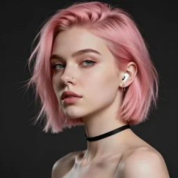 beautiful russian girl with short pink hair and nose piercing, airpods, thin black choker, thin round earrings, winds of winter, au naturel, hyper detailed, digital art, trending in artstation, cinematic lighting, studio quality, smooth render, octane rendered, concept art, sharp focus, illustration, art by artgerm and greg rutkowski and wlop