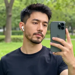 modern color fine details iphone 12 Pro selfie photograph of a perfect and handsome 30 year old man with some facial hair, wearing earbuds, taking a selfie in a park on an iPhone 12 Pro, modern HD cell phone photograph in color, instagram, IQ4, 150MP, 50mm, F1.4, ISO 200, 1/160s, natural light, Adobe Photoshop, Adobe Lightroom, photolab, Affinity Photo, PhotoDirector 365