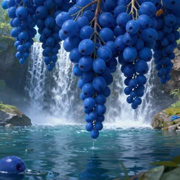close up of low hanging blue fruits over a pond, waterfalls, by james gurney, low angle shot, concept art, intricate, hyper detailed, volumetric lighting, sharp focus, octane render, trending on artstation, 8 k