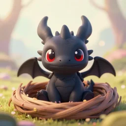 a portrait of a cute happy tiny black chibi dragon inside a nest, red eyes, artstation, by magali villeneuve, depth of field, beautiful lighting, pastel colors, bokeh, fantasy art