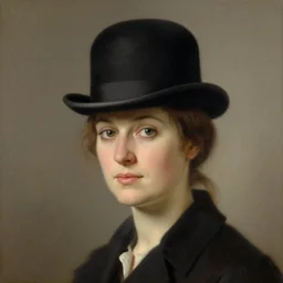 portrait of a woman wearing a bowler hat, by howard david johnson.