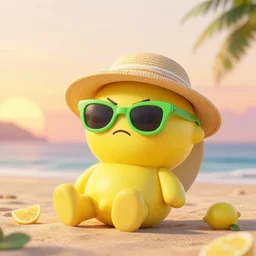 3 d render, chibi lemon character with an angry look on his face, he is wearing green sunglasses and a hat, relaxing on the beach at sunset