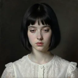 dark oil portrait of a beautiful pale - skinned girl, in a white lace blouse, with black hair and short bangs, the corners of the eyes are turned down, small nose with piercing and a ring is inserted, brown eyes, long eyelashes, plump lips by francisco goya