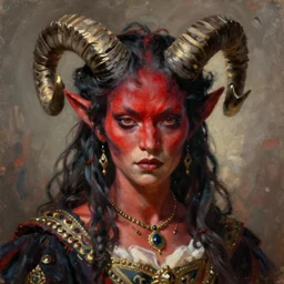 painted close - up portrait of a attractive red - skinned intimidating demon girl with ram horns! oil painting, wearing a noblewoman's outfit, fantasy art by john singer sargent and gaston bussiere, and james jean and tyler edlin, demon noble character design, hd