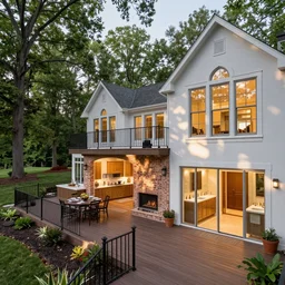multi-level deck overlooking the huge private, tree-lined backyard, offering a serene park-like setting. This beautiful home includes a great room with cozy floor-to-ceiling brick fireplace, large dining area with breakfast nook, spacious kitchen with ample cabinet and counter space, primary suite w/arched windows, vaulted ceilings and ensuite bathroom with double sinks and a full, unfinished walkout basement with workshop
