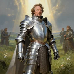 robin williams dressed as a fantasy paladin, d & d, fantasy, intricate, elegant, highly detailed, digital painting, artstation, matte, sharp focus, illustration, shining plate armor, god rays, rolling grassy field in the background, art by john collier and albert aublet and krenz cushart and artem demura and alphonse mucha