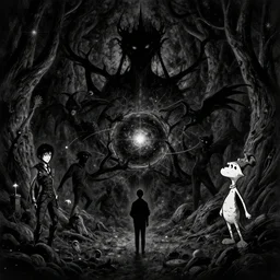 dawn of creation ; first atom ; beings of darkness ; ethereal plane. extremely dark image. complete blackness. black and gray low - contrast image. illustrated by maurice sendak and stephen gammell and junji ito and dr seuss and tsutomu nihei