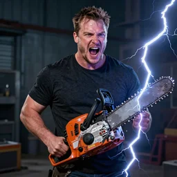 “Brendon Fraser screaming holding a chainsaw made of lightning”