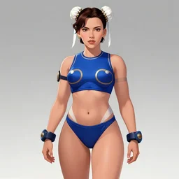scarlett johansson as chun li with perfect symmetrical anatomical proportions, afro samurai animes style, by greg rutkowski, pencil and ink, dramatic lighting, stratalling a chair, wide angle lens, full body within frame, wearing leather swim suite, beautiful beach in the background sharp, smooth, intricate detail, hyper detail, magazine cover, vogue