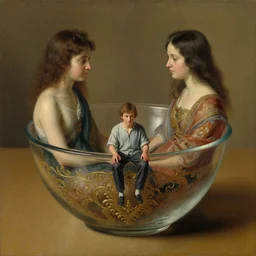 a tiny realistic proportioned man sitting down inside a glass bowl. beautiful, ornate detailed painting by artgerm and magali villanueve and michael whelan