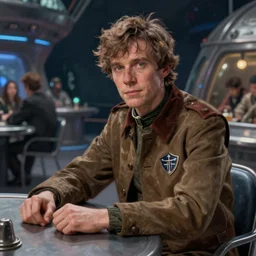 medium - shot oil of vislor turlough played by mark strickson at age 1 8, sitting at the alien space pub, from doctor who series, artstation, highly detailed digital painting, smooth, global illumination, fantasy art by greg rutkowsky, karl spitzweg, leyendecker