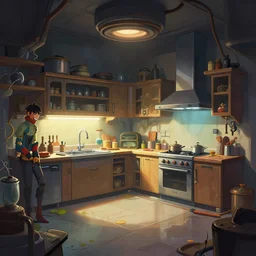 photo environement post futurist kitchen : 4, 4 k rtx hdr volume light concept studio matte painting environement digital illustration style art that looks like it is from borderlands and by feng zhu and loish and laurie greasley, victo ngai, andreas rocha, john harris by jesper ejsing, by rhads, makoto shinkai and lois van baarle