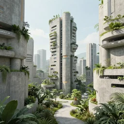 futuristic dystopian concrete city with plants