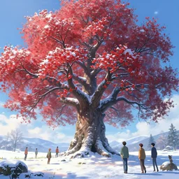 giant tree in snow with red flowers, aesthetically inspired, fantasy art by greg rutkowski, loish, rhads, ferdinand knab, makoto shinkai and lois van baarle, ilya kuvshinov, rossdraws, tom bagshaw, global illumination, radiant light, detailed and intricate octane render environment
