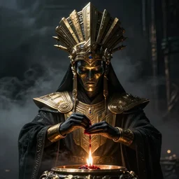 a dark sci fi matte painting portrait of a futuristic shadow priest wearing a massive ornate headdress made of realistic metal performing a blood sacrifice, art deco metal shapes, cinematic lighting, rim light smooth, sci fi horror, unreal engine, octane render, by blizzard studios, golden rule, anatomically correct, fog volumes, evil glow, cgsociety