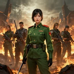 wide shot of vietnamese solider girl, green uniform, burning city in the background, epic, elder scrolls art, fantasy, skyrim, hd shot, digital portrait, beautiful, artstation, by artgerm, guy denning, jakub rozalski, magali villeneuve and charlie bowater