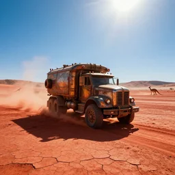 steampunk truck in the australian desert, mad max, red sand, clear blue skies, sun rays, heat haze, blistering heat, uhd movie still, two point perspective, hills on the horizon, goanna, parched, cracked earth, post - apocalyptic
