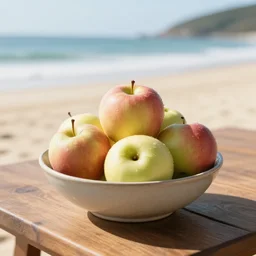 A bowl of apples on a wooden table at the beach