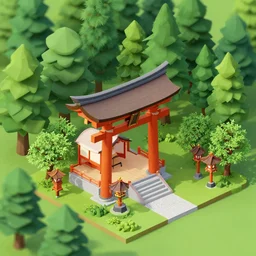 an isometric 3 d render of a shinto shrine in the forest, isometric