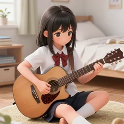 a cute school girl is playing guitar on bedroom floor in detailed anime manga painting drawing style squareenix 3d unreal trending on artstation pixiv skeb deviantart realistic hd frank Miller sorayama giger ito junji