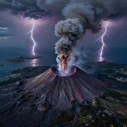 aerial drone view of Anak Krakatau volcano during stormy night by Bernard Edmaier,turbulent smoke in the shape of barong,lightning,islands,structural geology, high quality,digital concept art,realistic,photorealistic,8k