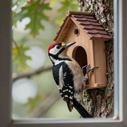 5 5 mm macro photo of a woodpecker inside a house in an oak tree, looking through the window. dof. bokeh. by bence mate and jari peltomaki. highly detailed 8 k. intricate. lifelike. soft light. cinematic processing