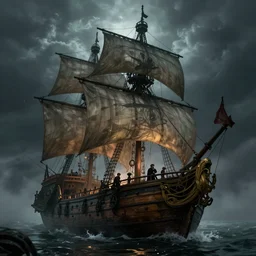 magical and mystical pirate galleon, gloomy and foggy atmosphere, octane render, rembrandt, cgsociety, artstation trending, horror scene, highly detailded