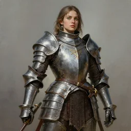 highly detailed full body portrait painting of a proud young female knight wearing heavy armour in the style of Warhammer Fantasy by Craig Mullins and Lorenzo Nuti, medium hair, green eyes, earrings, low perspective, highly detailed, trending on artstation, cgsociety , 4k, 8k, HDR, octane render, unreal engine