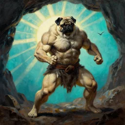 muscular pug dog as barbarian hunter  full hairy body fighting pose , sun rays , big shadows, small bird sihouettes  in cyan background , very textured detailed  oil painting by rembrandt , hard backlight , in dark cave
