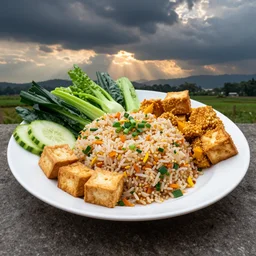 delicious plate of fried rice and tofu, nasi goreng, lots of vegetables, HD food photo