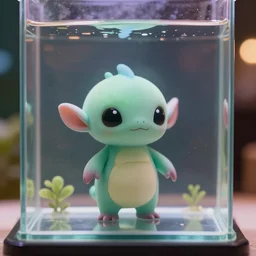 high quality presentation photo of an a cute alien creature in a glass chamber full of water, photography 4k, full body, f1.8 anamorphic, bokeh, 4k, Canon, Nikon