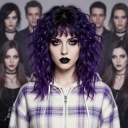 highly detailed portrait of a goth young woman with black lips and pronounced chest, tartan hoody, photographic realistic background, ringlet hair by atey ghailan, by greg rutkowski, by greg tocchini, by james gilleard, by joe fenton, by kaethe butcher, gradient purple, cream and white color scheme, trending in instagram, award winning details