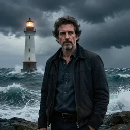 portrait, light house on the ocean side in a thunderstorm, high waves, dramatic lighting, cinematic, establishing shot, extremly high detail, photo realistic, cinematic lighting, post processed, concept art, artstation, matte painting, style by eddie mendoza, raphael lacoste, alex ross